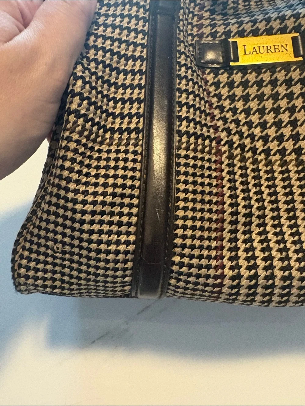 Ralph Lauren Black and Cream Houndstooth Satchel with Leather Trim